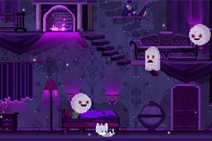 Et pixelkunstbillede af et lilla oplyst slotinteriør med spøgelser og en hvid kat