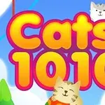 To katte med en farverig tekst Cats 1010 i en tegnet, skyfyldt baggrund