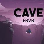 Et lille rumfartøj flyver mellem to klippesider i en lilla og sort bjerglandskab i skumring med teksten CAVE FRVR øverst