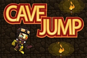 Tegneseriefigur i en mineudforskerdragt hopper ved siden af teksten Cave Jump på en stenmuret baggrund med fakler