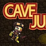 Tegneseriefigur i en mineudforskerdragt hopper ved siden af teksten Cave Jump på en stenmuret baggrund med fakler