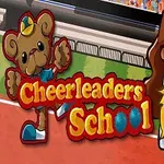En tegnet scene med en glad cheerleader, der holder gule pomponer, og en lille bamse iført en kasket ved siden af teksten Cheerleaders School