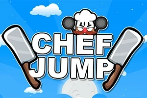 En vred kok med pandekarabiner står over teksten CHEF JUMP med en blå himmel, skyer og måne i baggrunden