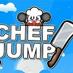 En vred kok med pandekarabiner står over teksten CHEF JUMP med en blå himmel, skyer og måne i baggrunden