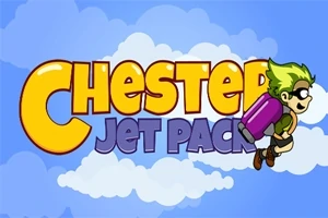 Tegnet figur med grønt hår og jetpack mod blå skyet baggrund med teksten Chester Jet Pack