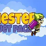 Tegnet figur med grønt hår og jetpack mod blå skyet baggrund med teksten Chester Jet Pack