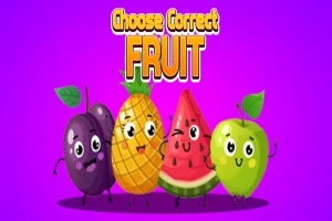 Søde, smilende frugter med ansigter mod en lilla baggrund med teksten Choose Correct Fruit