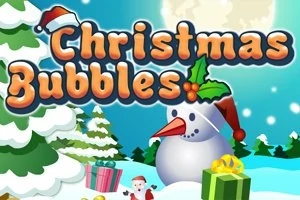 Juletema med snemænd, gaver, sneklædte træer og teksten Christmas Bubbles