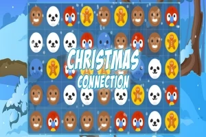 Et net fyldt med ikoner af sæler, pingviner og småkagemænd med teksten CHRISTMAS CONNECTION i midten, mod en vinterbaggrund