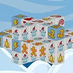 En bunke af terninger med juletemaikoner, herunder snemænd, slikstokke, peberkagemænd, lynsymboler og klokker, arrangeret i et geometrisk mønster på en blå baggrund med snefnug