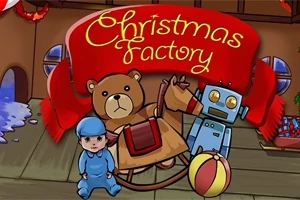 Et juletema-billede med en bjørn, en robot, en gyngehest, en bold og en dukke foran et skilt, der siger Christmas Factory