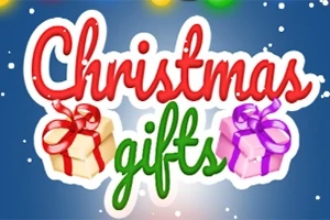 Teksten Christmas gifts i rødt og grønt med julegaver med sløjfer på blå baggrund med snefnug