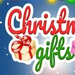 Teksten Christmas gifts i rødt og grønt med julegaver med sløjfer på blå baggrund med snefnug