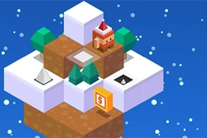 En pixeleret figur iført nissehue står på en sneklædt platform med træer og snefnug mod en blå baggrund