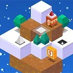 En pixeleret figur iført nissehue står på en sneklædt platform med træer og snefnug mod en blå baggrund