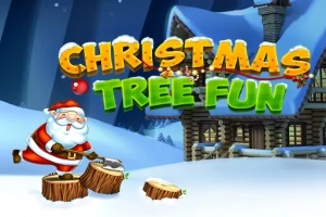 Julemanden hugger træstubbe foran en snebeklædt hytte med teksten Christmas Tree Fun i baggrunden