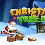 Julemanden hugger træstubbe foran en snebeklædt hytte med teksten Christmas Tree Fun i baggrunden