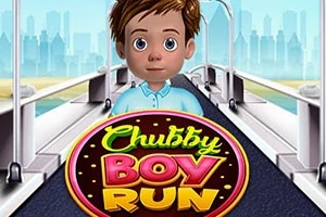 Tegnet dreng står på en løbebane med teksten Chubby Boy Run foran sig, og en by i baggrunden