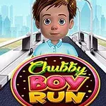 Tegnet dreng står på en løbebane med teksten Chubby Boy Run foran sig, og en by i baggrunden