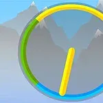 En farverig cirkel opdelt i segmenter med en yellow stang i midten, sat mod en baggrund af bjerge