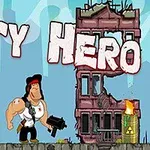 Muskelbundet mand med bandana og pistol står foran ødelagte bygninger med flammer og tønder med farligt symbol; teksten City Hero ses i baggrunden