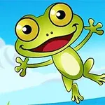 En tegnet, glad frø hopper på en blå baggrund med grønne liljepuder