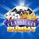 Et strålende blå baggrundsbillede med spillekort, en kongekrone og teksten Classic Gin Rummy i midten