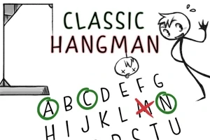 Tegning af en galge, en stregfigur og et ansigt med bogstaverne A til U, hvor nogle er indrammet eller krydset ud