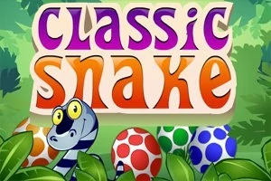 En tegneserieagtig slange med store øjne omgivet af farverige æg foran teksten Classic Snake på en grøn baggrund