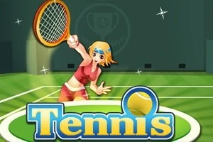 Tegneseriefigur spiller tennis på en bane med et stort Tennis logo i forgrunden