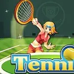 Tegneseriefigur spiller tennis på en bane med et stort Tennis logo i forgrunden