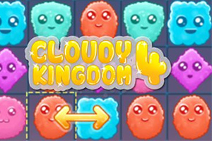 Farverige, smilende skyer med ansigter i et gittermønster og teksten Cloudy Kingdom 4 i midten med en dobbeltpil nedenunder