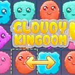 Farverige, smilende skyer med ansigter i et gittermønster og teksten Cloudy Kingdom 4 i midten med en dobbeltpil nedenunder