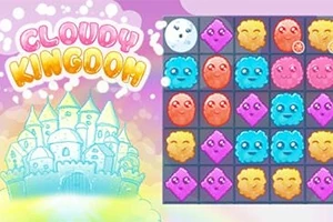 Pastelfarvet illustration af et slot med teksten Cloudy Kingdom ved siden af et gitter med farverige ansigter i forskellige former