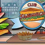 Tegningen viser en sandwich med flere lag af kød, ost og grøntsager ved siden af en bakke med pommes frites på et bord i en café med et skilt, hvor der står Club Sandwich