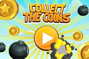 Tekst på billedet med gul play-knap omgivet af bomber og gyldne mønter på en blåstribet baggrund