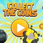 Tekst på billedet med gul play-knap omgivet af bomber og gyldne mønter på en blåstribet baggrund