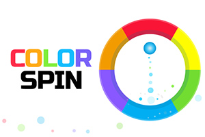 Et flerfarvet, roterende hjul med en blå bold i midten og teksten COLOR SPIN ved siden af