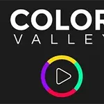 Tekst COLOR VALLEY i hvidt øverst med en flerfarvet cirkel og en play-knap i midten på sort baggrund
