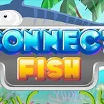 Farverigt banner med teksten Connect Fish og en sværdfisk øverst, omgivet af tropisk vegetation og havliv