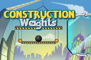 Tekst med ordene Construction Weights over en bygning, med en sort kugle hængende fra en platform i en bybaggrund