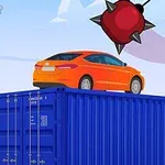 En orange bil står oven på en blå container, mens en pigget rød kugle hænger i luften over den