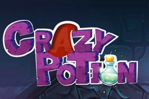 Teksten Crazy Potion i lilla, med en rød troldmandshat og en flaske eliksir