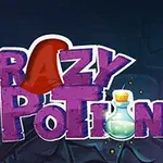 Teksten Crazy Potion i lilla, med en rød troldmandshat og en flaske eliksir
