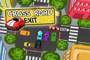 Farverige biler stopper ved et kryds omgivet af grønne træer og farverige bygninger, med et skilt der siger Cross Road Exit
