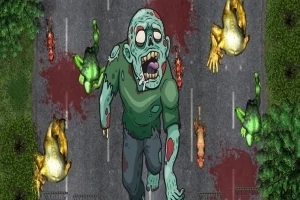 En tegneserieagtig zombie går langs en vej omgivet af sprængte frøer og blodige mærker