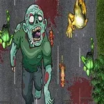 En tegneserieagtig zombie går langs en vej omgivet af sprængte frøer og blodige mærker