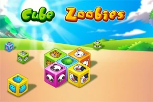 Farverige terninger med dyreansigter på en solrig baggrund med grønne bakker og teksten Cube Zoobies