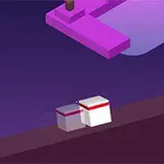 To kuber på en brun, skrånende platform med en større, lilla form hængende over dem mod en mørkeblå baggrund