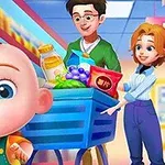 En tegning af en glad baby foran en indkøbsvogn fyldt med varer, skubbet af to smilende voksne i en farverig supermarkedsgang